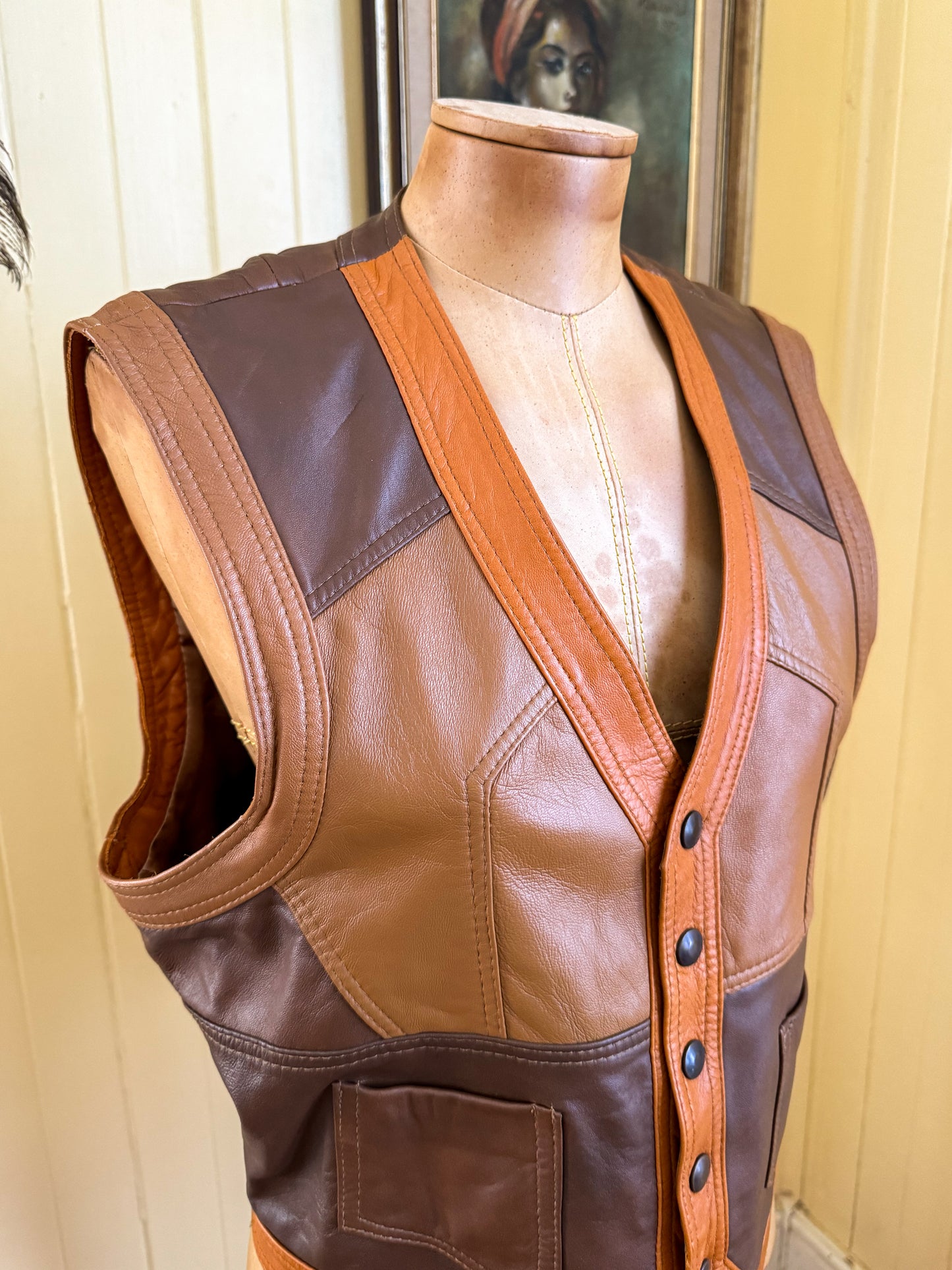 VINTAGE 1970S STEPHEN DATTNER PATCHWORK LEATHER WAISTCOAT VEST S/M