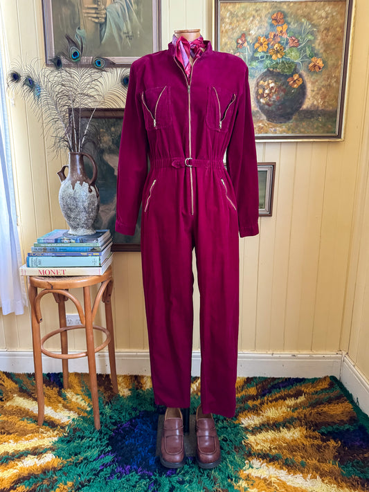 VINTAGE 1970S MISS SELFRIDGE COTTON CORDUROY TAPERED LEG ZIP JUMPSUIT S