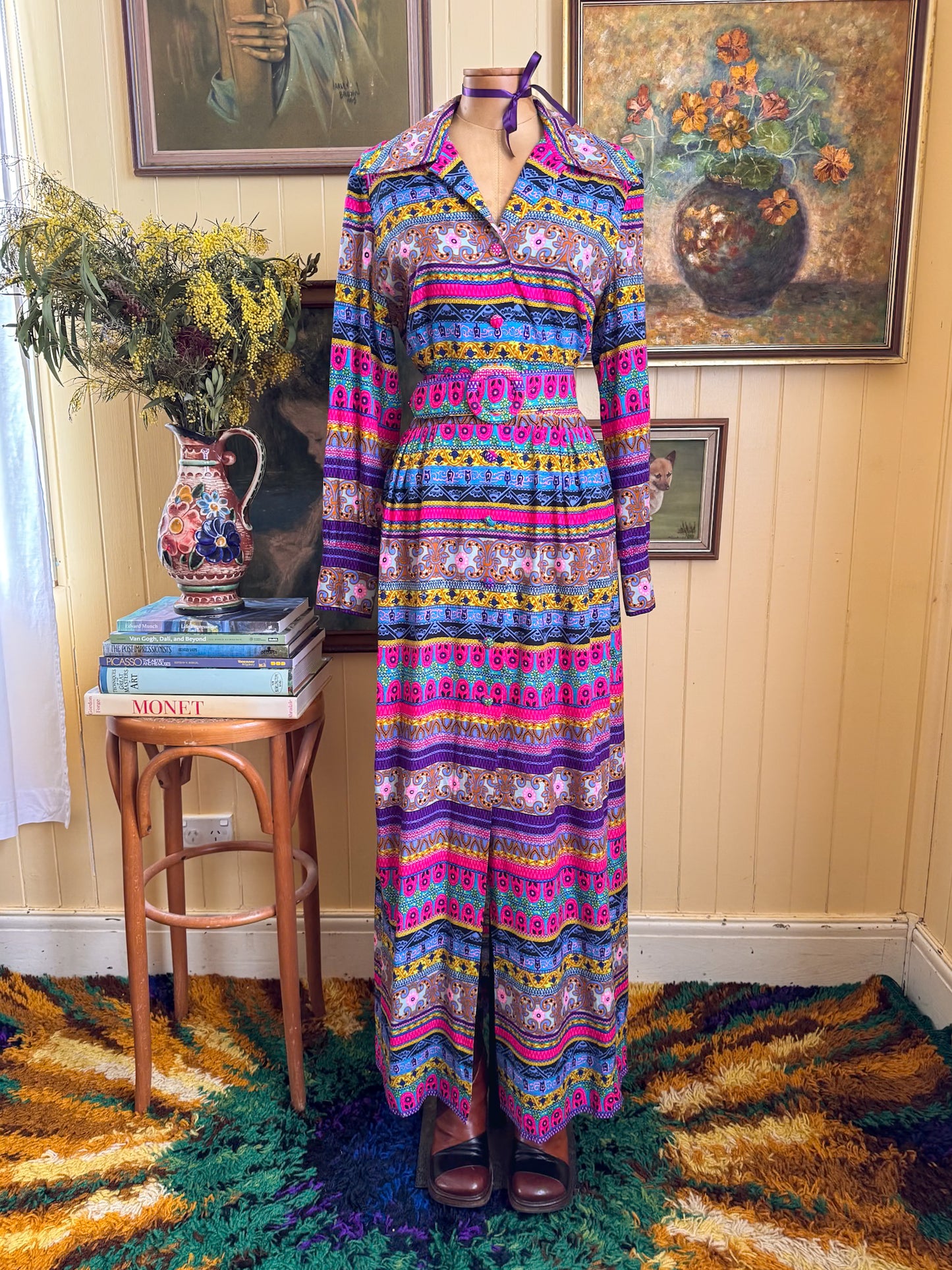 VINTAGE 1970S ALEX COLEMAN PSYCHEDELIC PRINT BUTTON THROUGH BELTED MAXI SHIRT DRESS M/L