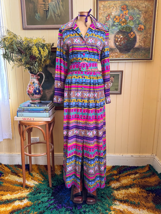 VINTAGE 1970S ALEX COLEMAN PSYCHEDELIC PRINT BUTTON THROUGH BELTED MAXI SHIRT DRESS M/L