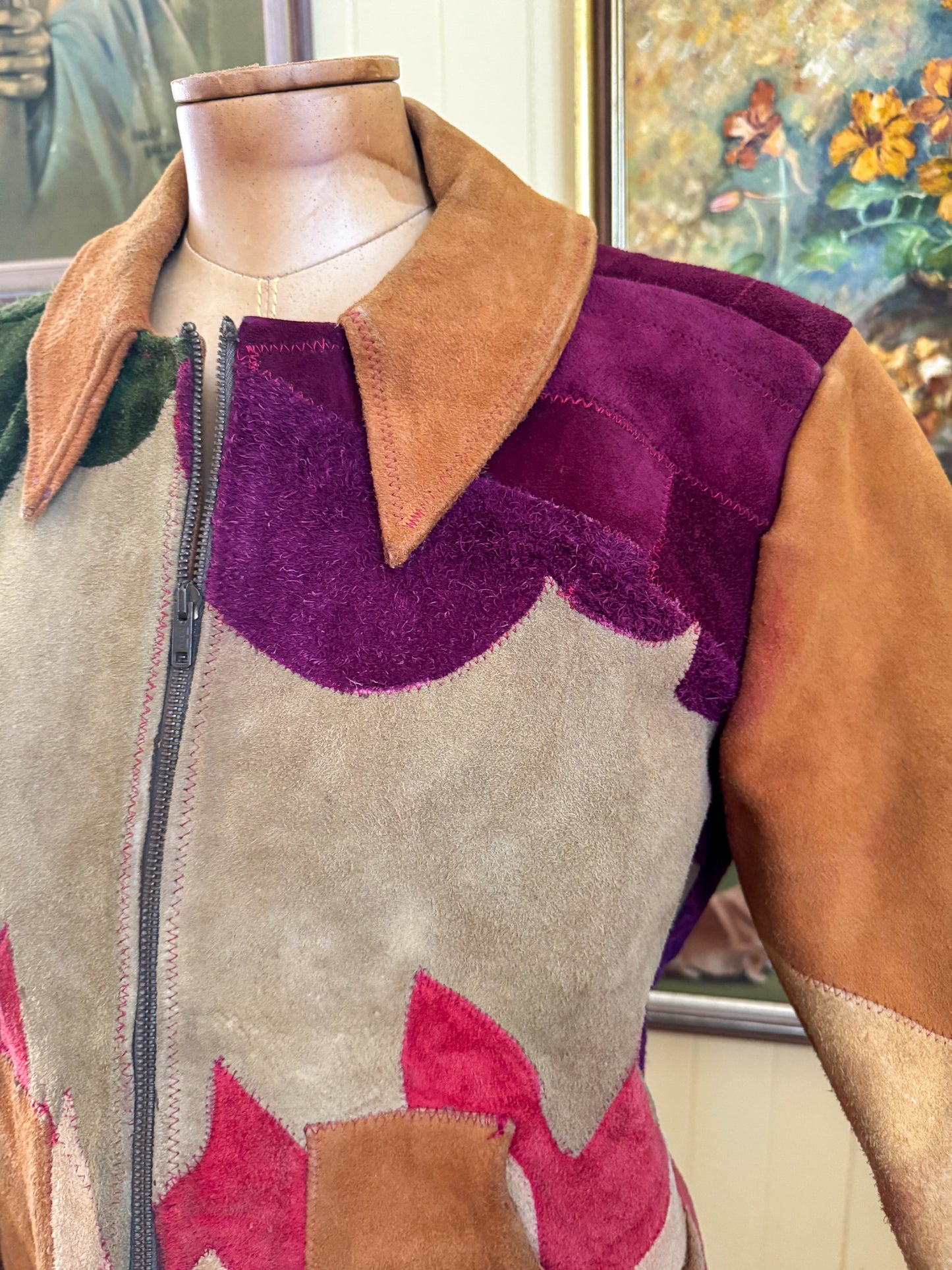 VINTAGE 1970S RARE BURRAY OLSON HAND PAINTED SUN PATCHWORK SUEDE LEATHER JACKET M