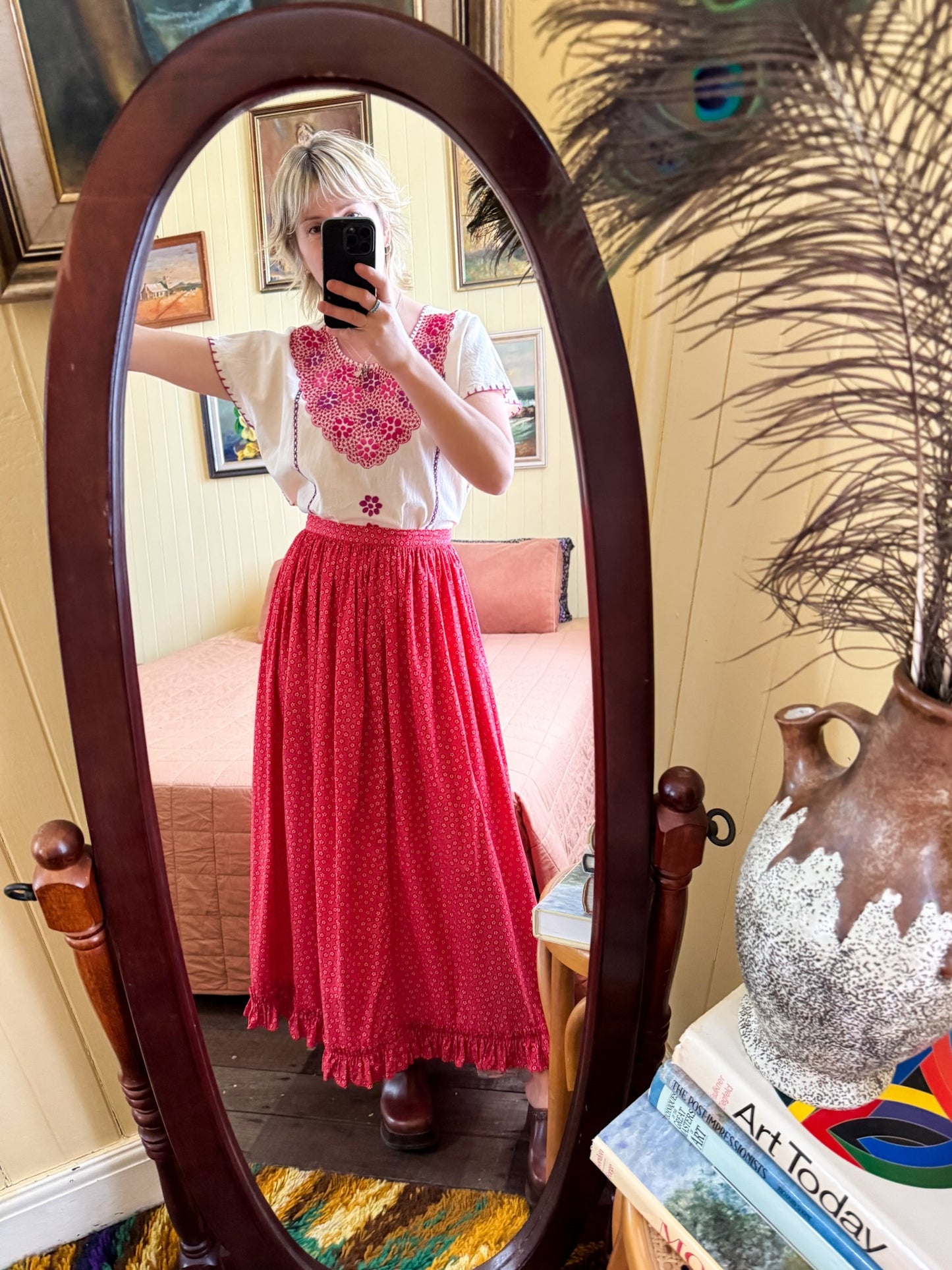 VINTAGE 1970S COTTON FLORAL PRINT PRAIRIE RUFFLE MAXI SKIRT M