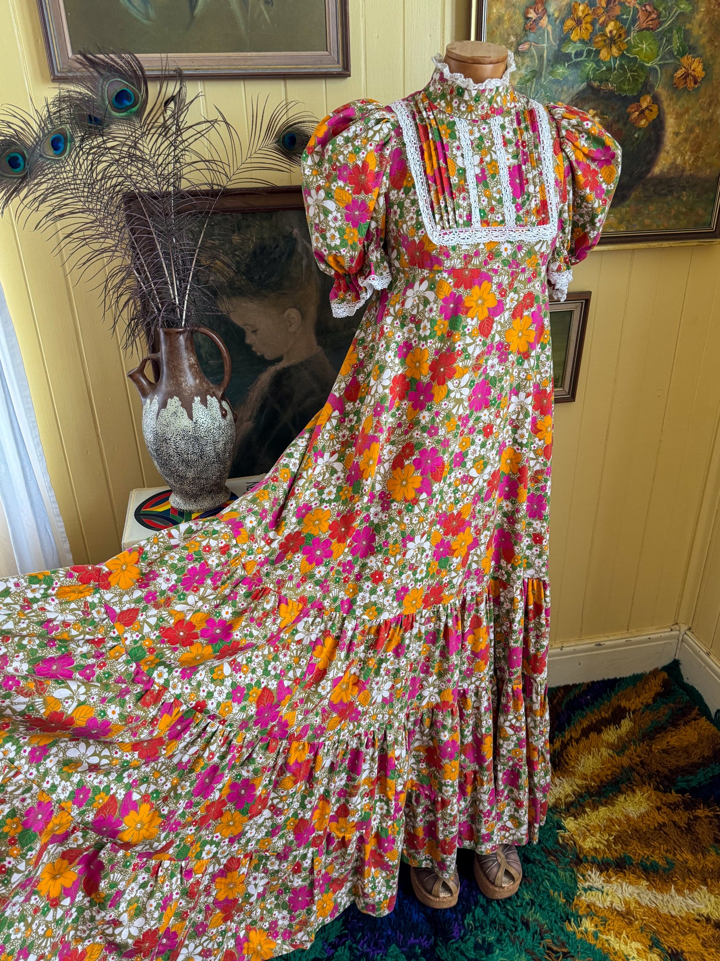VINTAGE 1970S RARE AUSTRALIAN LAURA ASHLEY COTTON PRAIRIE MAXI DRESS XS