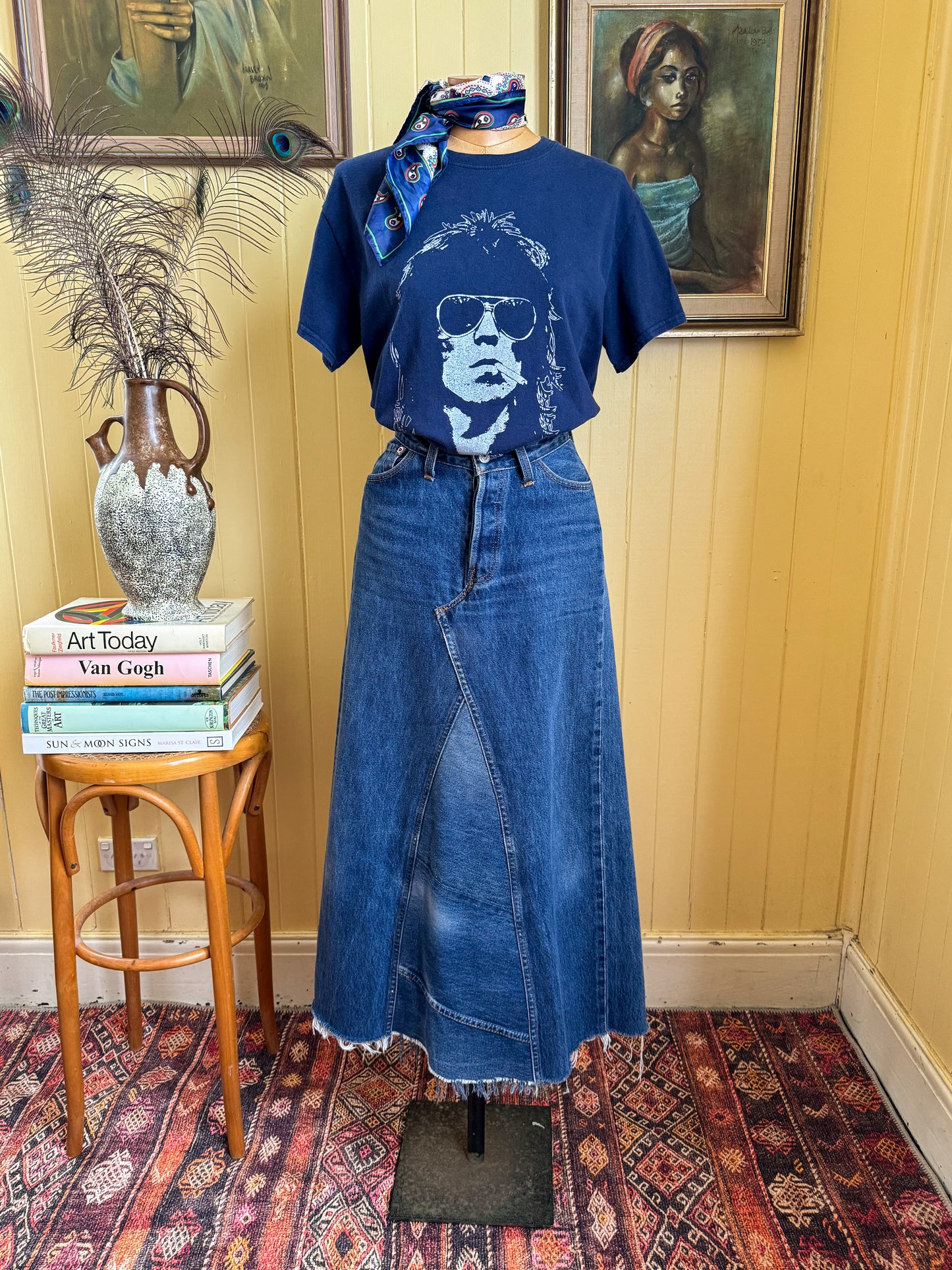 VINTAGE REWORKED LEVI’S COTTON DENIM PANELLED MIDI SKIRT S/M