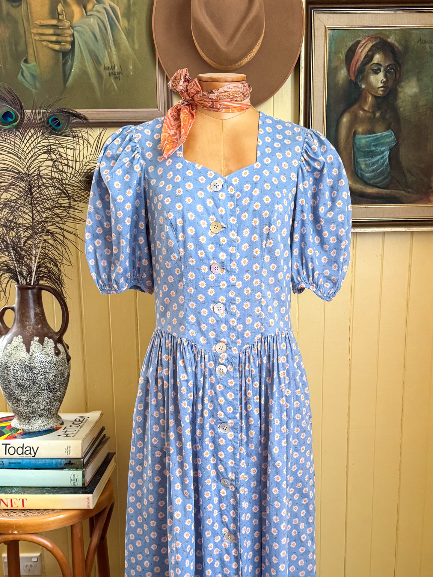 VINTAGE 1990S PERRY LANDHAUS COTTON FLORAL PRINT DIRNDL DRESS S/M