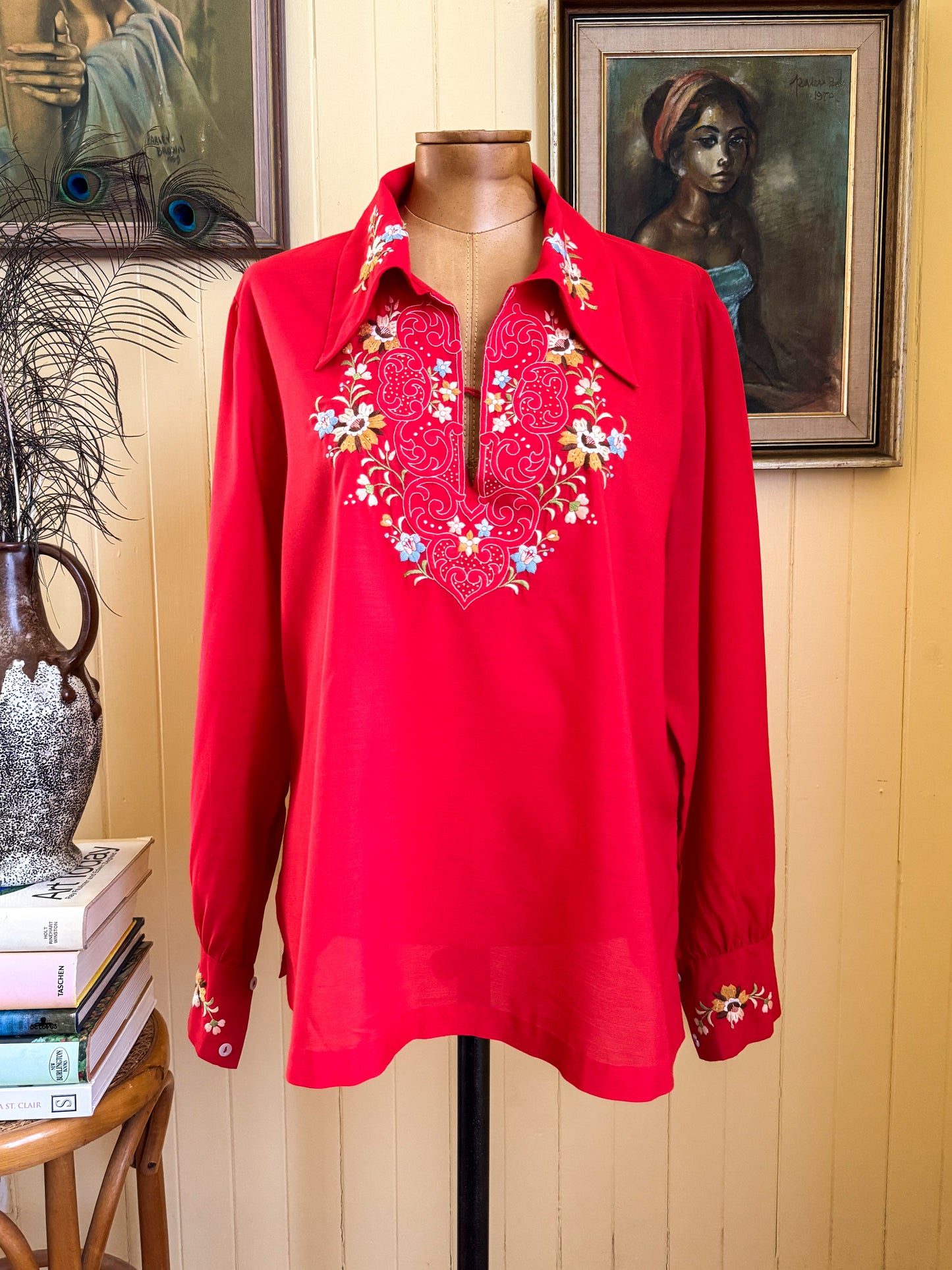 VINTAGE 1980S RED VISCOSE BLEND EMBROIDERED PEASANT BLOUSE L