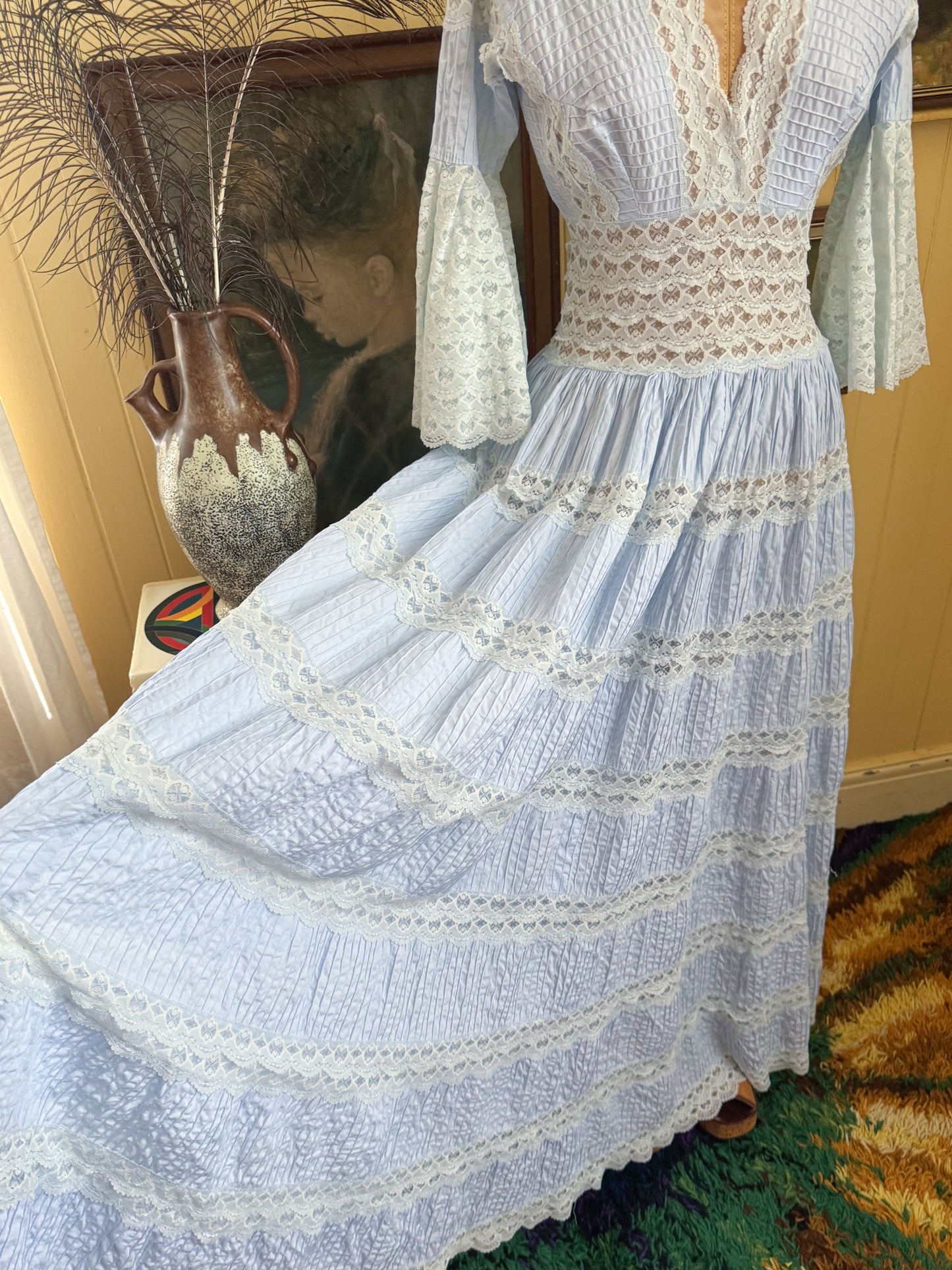 VINTAGE 1970S RODAMEX MEXICAN PURE COTTON BABY BLUE LACE INSERT MAXI DRESS XS/S