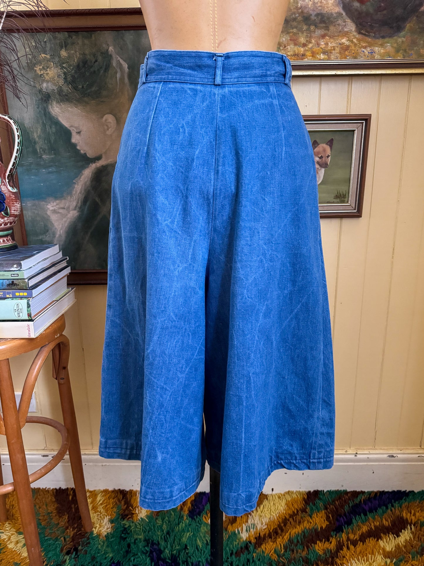VINTAGE 1970S C&A COTTON DENIM SUPER HIGH WAIST WIDE LEG CULOTTES XS/S