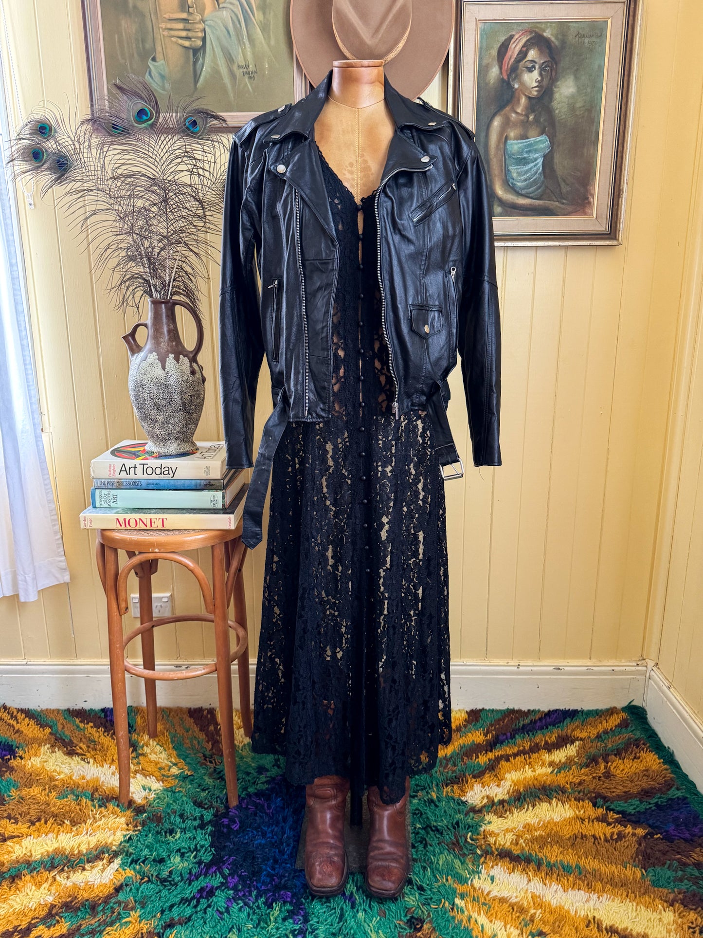 VINTAGE 1990S BLACK LACE SLEEVELESS MAXI DUSTER DRESS XS/S