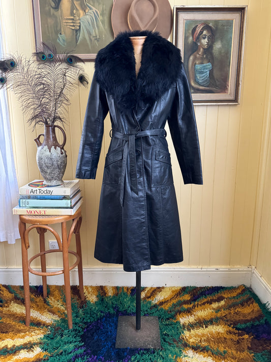 VINTAGE 1970S BLACK LEATHER PENNY LANE LONG SHEARLING COAT S