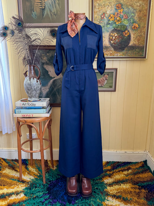 VINTAGE 1970S LEMON WOVEN TWILL WIDE LEG JUMPSUIT XS