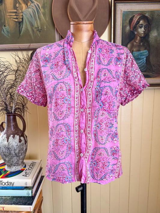 VINTAGE 1970S INDIAN COTTON GAUZE BUTTON UP PRINTED SHIRT S/M