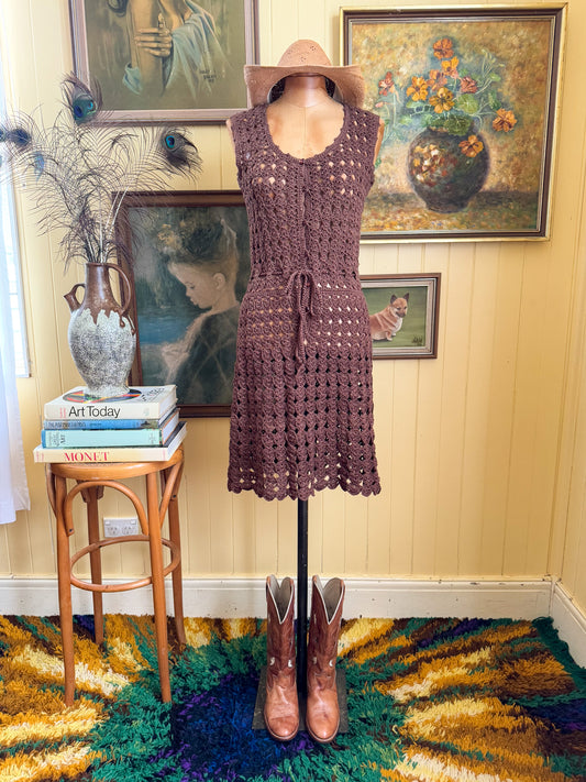 VINTAGE 1970S HANDMADE COCOA COTTON CROCHET BUTTON THROUGH MIDI DRESS S/M