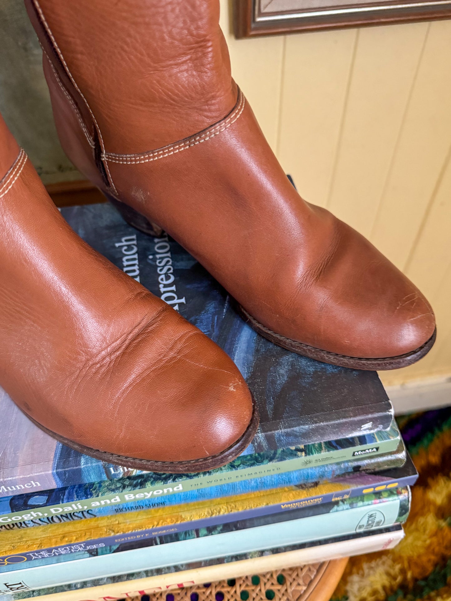VINTAGE 1970S BRAZILIAN CARAMEL TAN LEATHER KNEE HIGH BOOTS 9/40