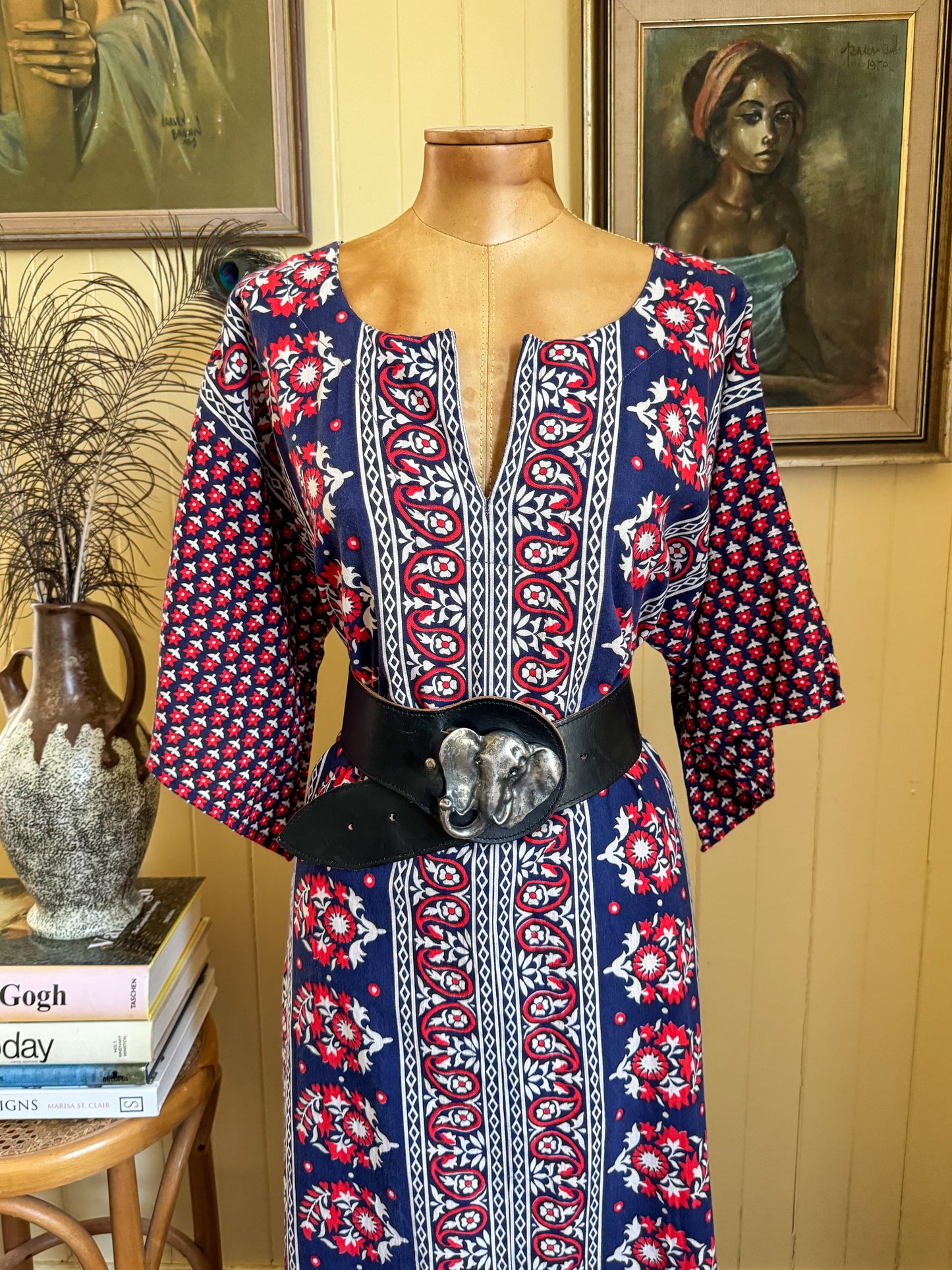 VINTAGE 1980S PAKISTANI COTTON BLOCK PRINT KIMONO SLEEVE MAXI DRESS L