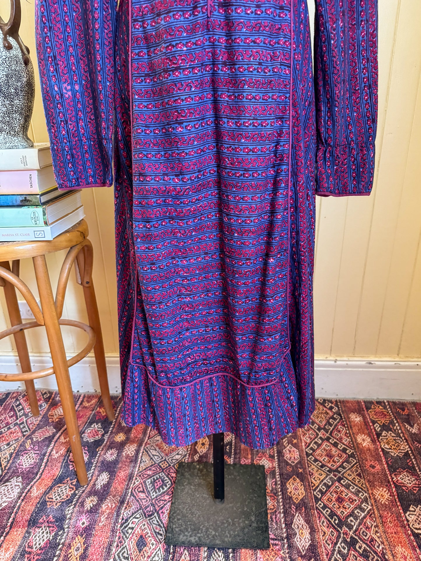 VINTAGE 1970S MAYUR INDIAN COTTON BLOCK PRINT MIDI DRESS M