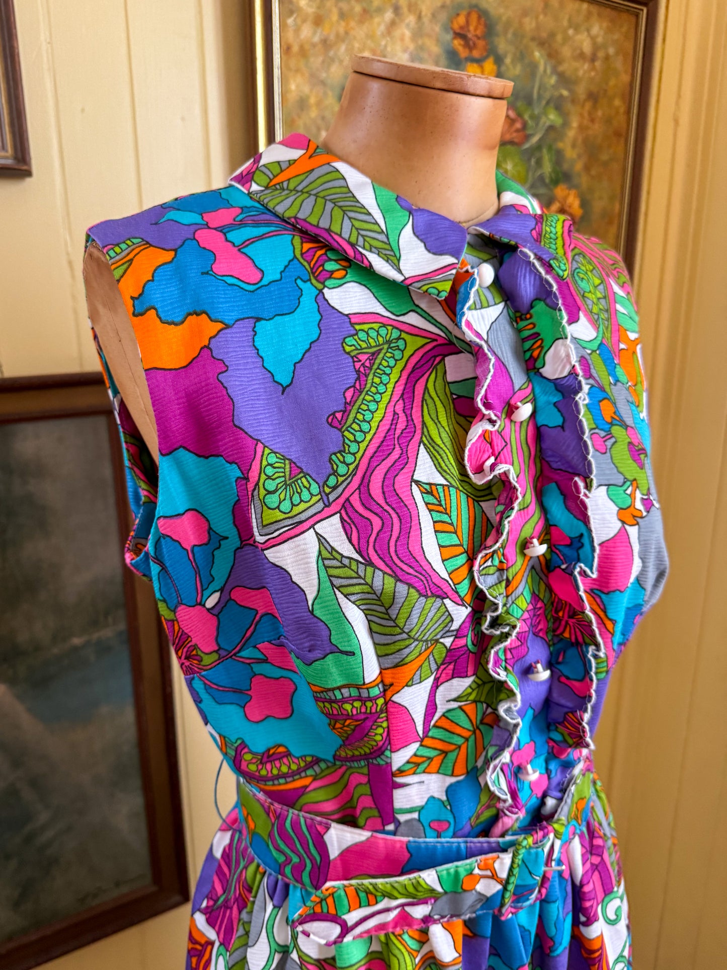 VINTAGE 1960S CINDY JUNIORS POLY FLOWER PRINT ZIP RUFFLE FRONT BELTED PARTY DRESS M