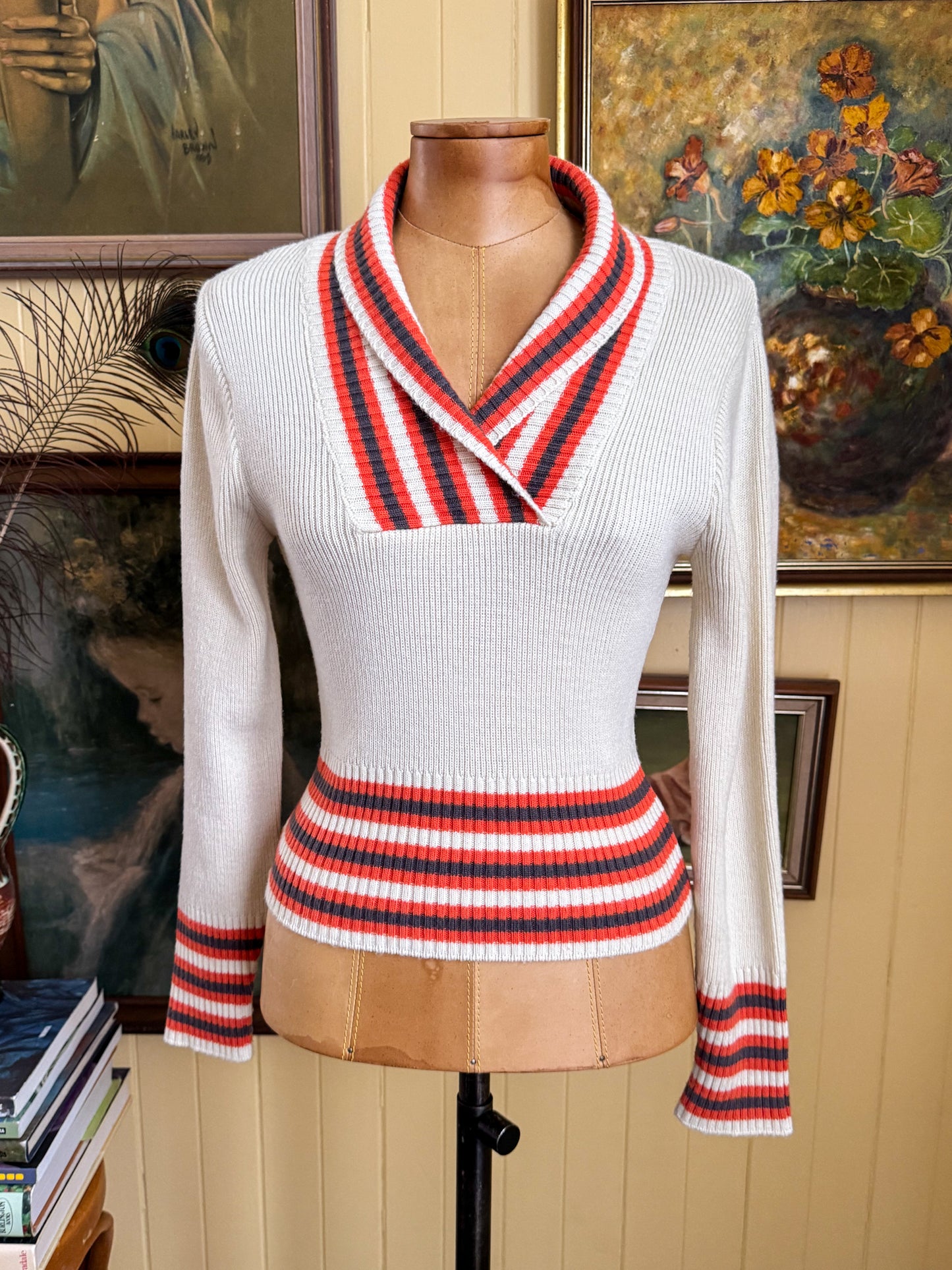VINTAGE 1970S WOOL KNITTED V-NECK RIBBED FITTED JUMPER XS/S