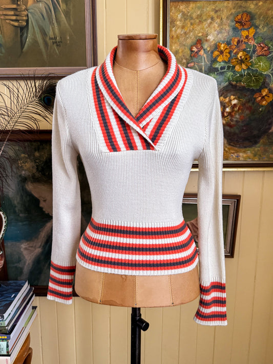 VINTAGE 1970S WOOL KNITTED V-NECK RIBBED FITTED JUMPER XS/S