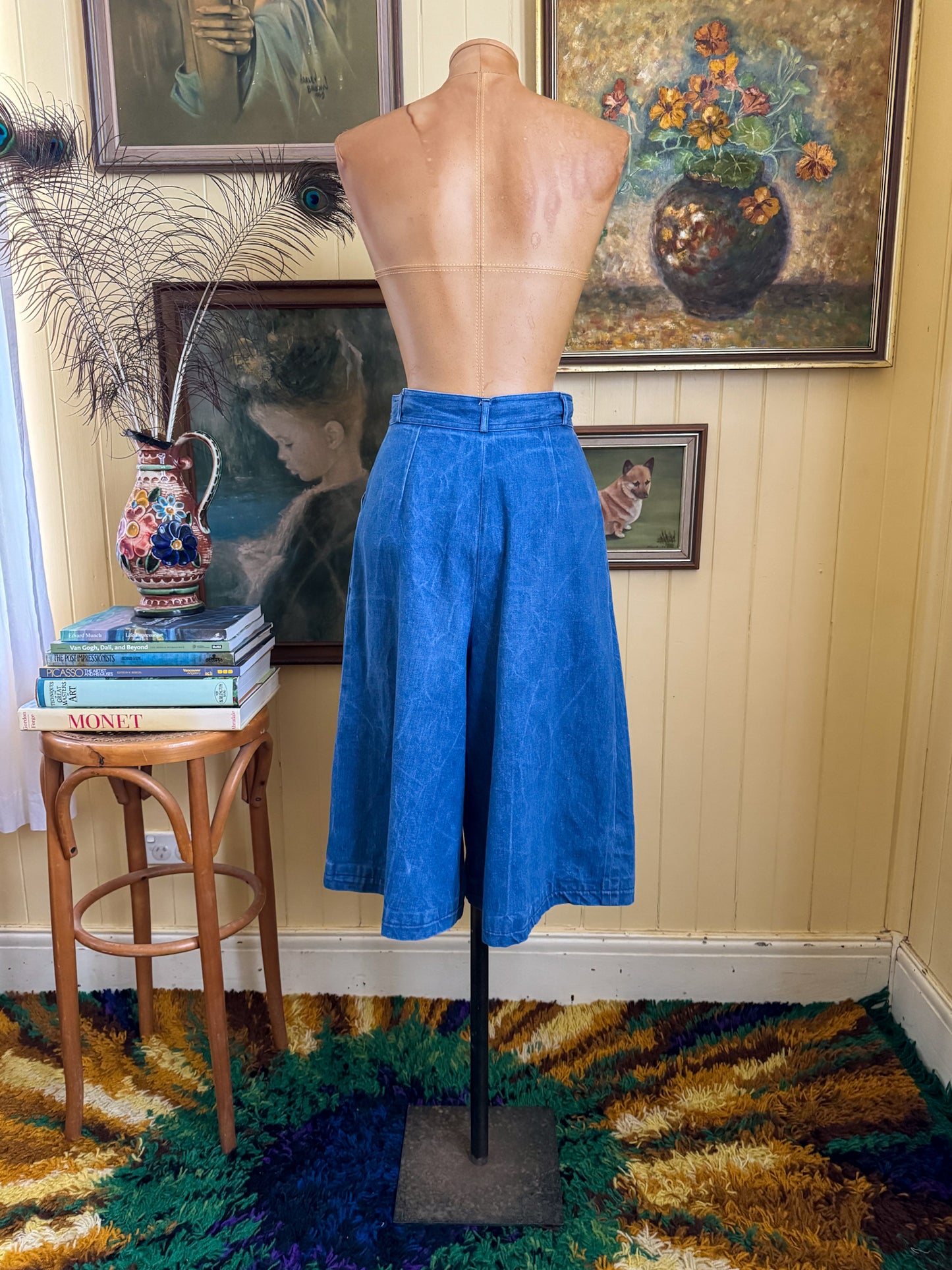 VINTAGE 1970S C&A COTTON DENIM SUPER HIGH WAIST WIDE LEG CULOTTES XS/S