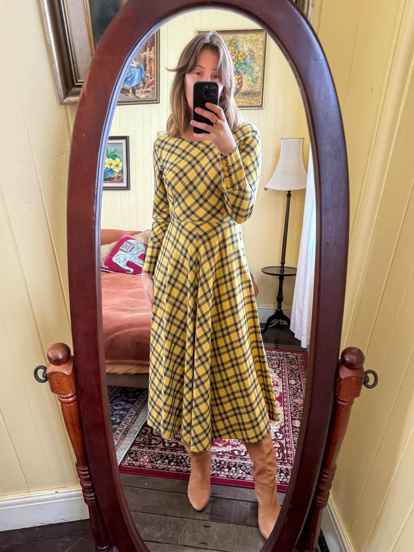 VINTAGE 1980S NORMA KAMALI JAPANESE COTTON PLAID MIDI DRESS S