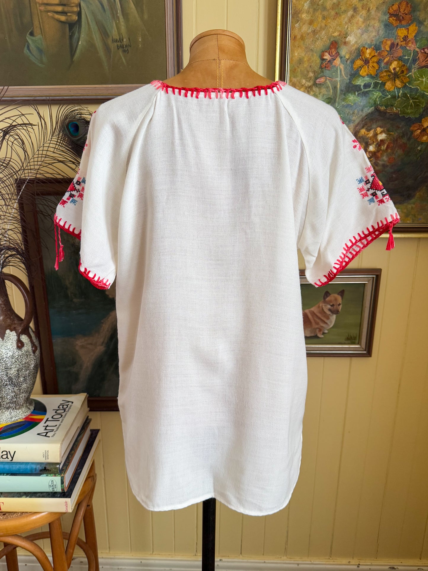 VINTAGE 1980S ROMANIAN WOVEN EMBROIDERED PEASANT BLOUSE TOP M