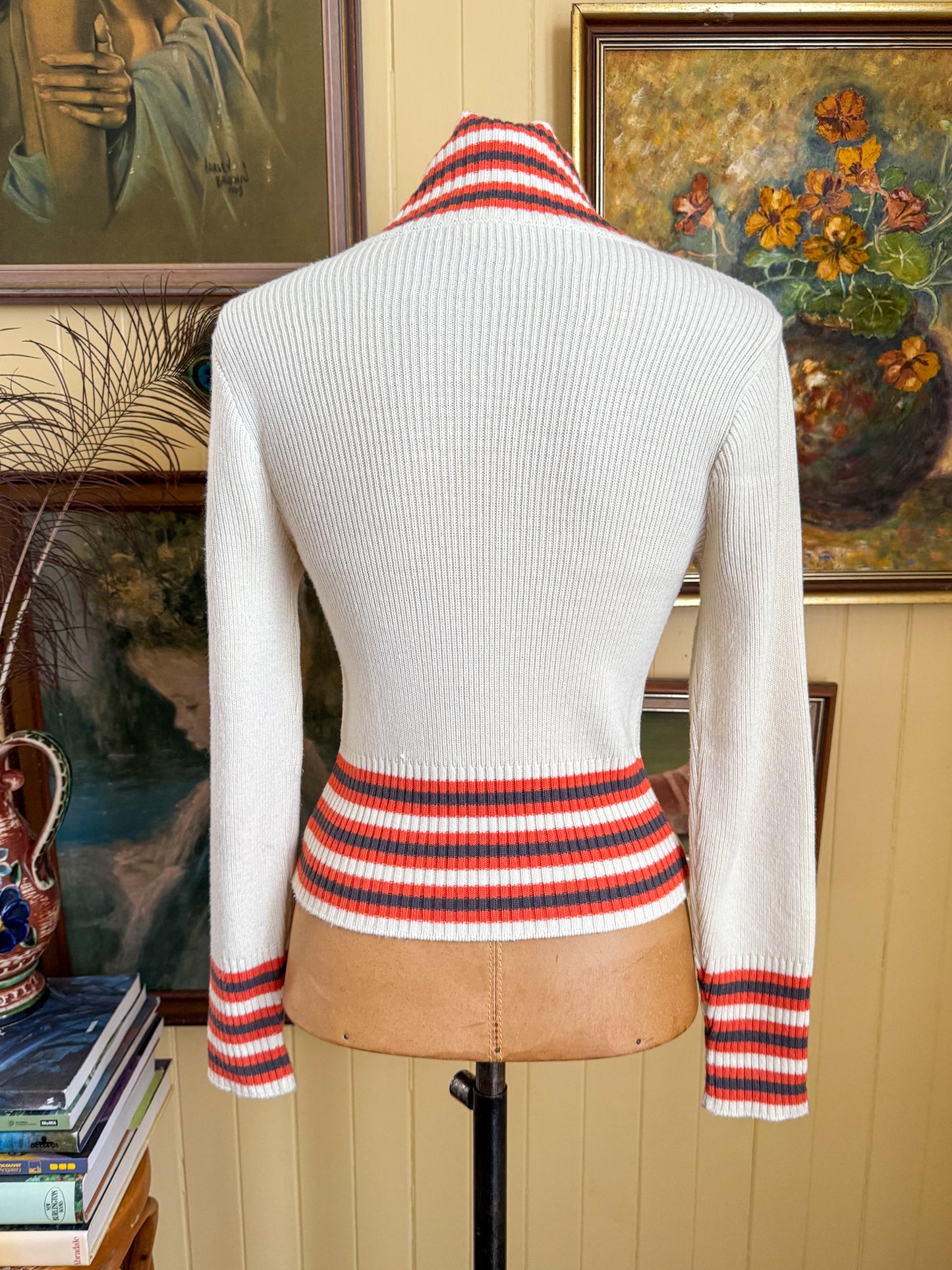 VINTAGE 1970S WOOL KNITTED V-NECK RIBBED FITTED JUMPER XS/S