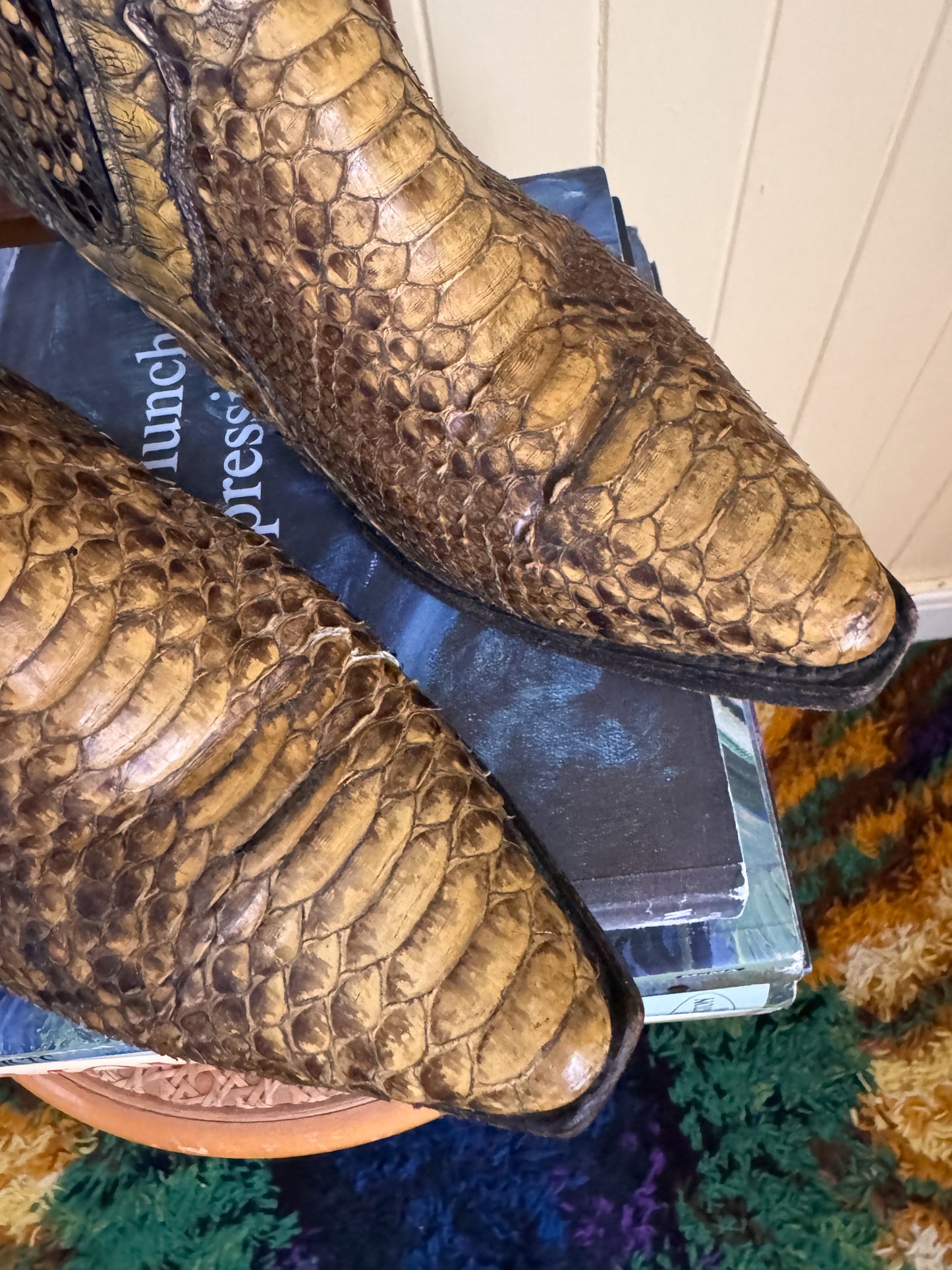 VINTAGE LA GRAN BOTA MEXICAN EXOTIC PYTHON SNAKESKIN LEATHER WESTERN ANKLE BOOTS 9.5/10