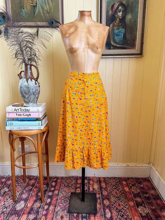 VINTAGE 1970S HANDMADE COTTON FLORAL PRINT PRAIRIE SKIRT M