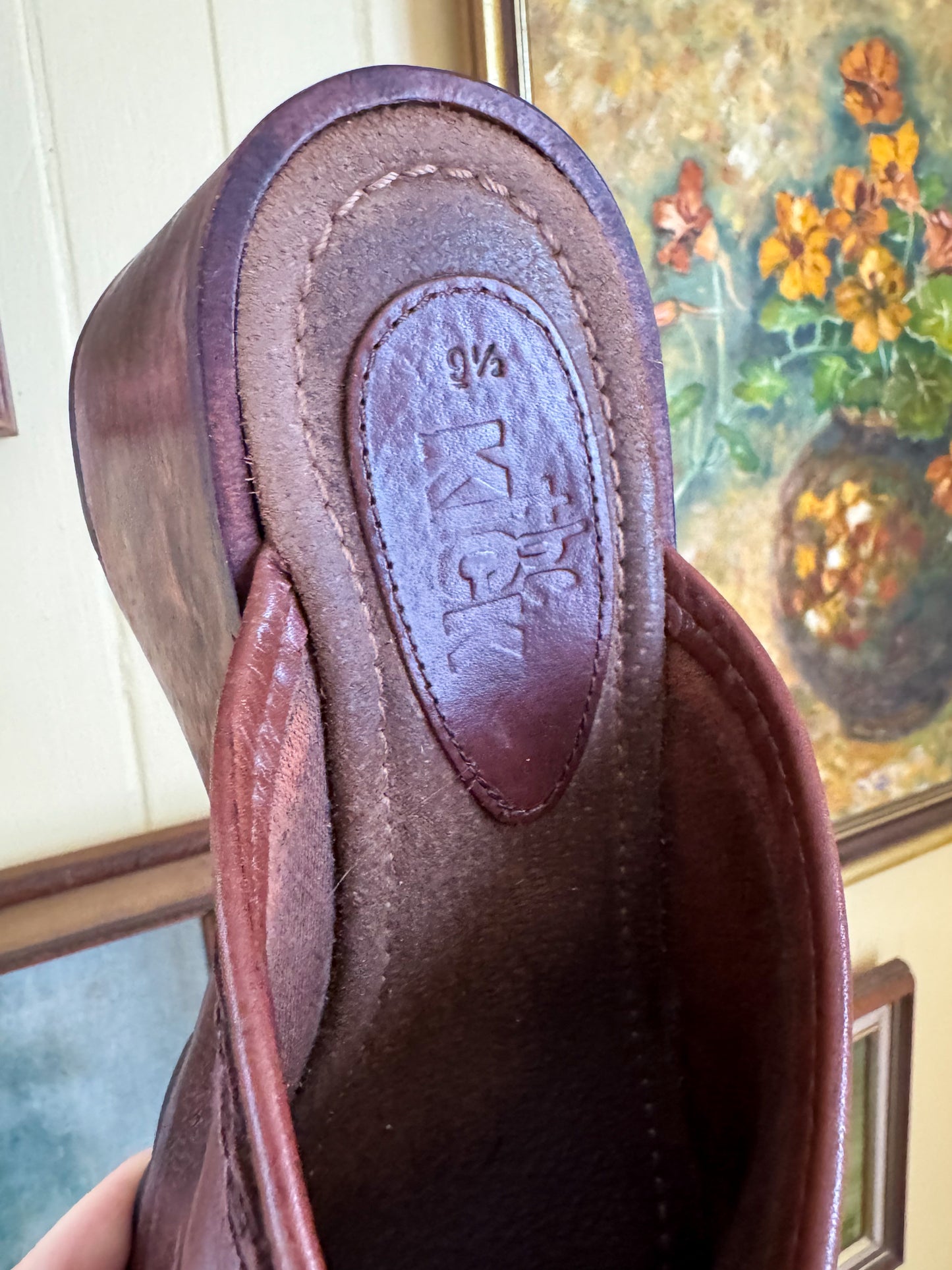 VINTAGE 1990S THE KICK LEATHER WOODEN PLATFORM CLOGS WEDGES 9.5/40.5