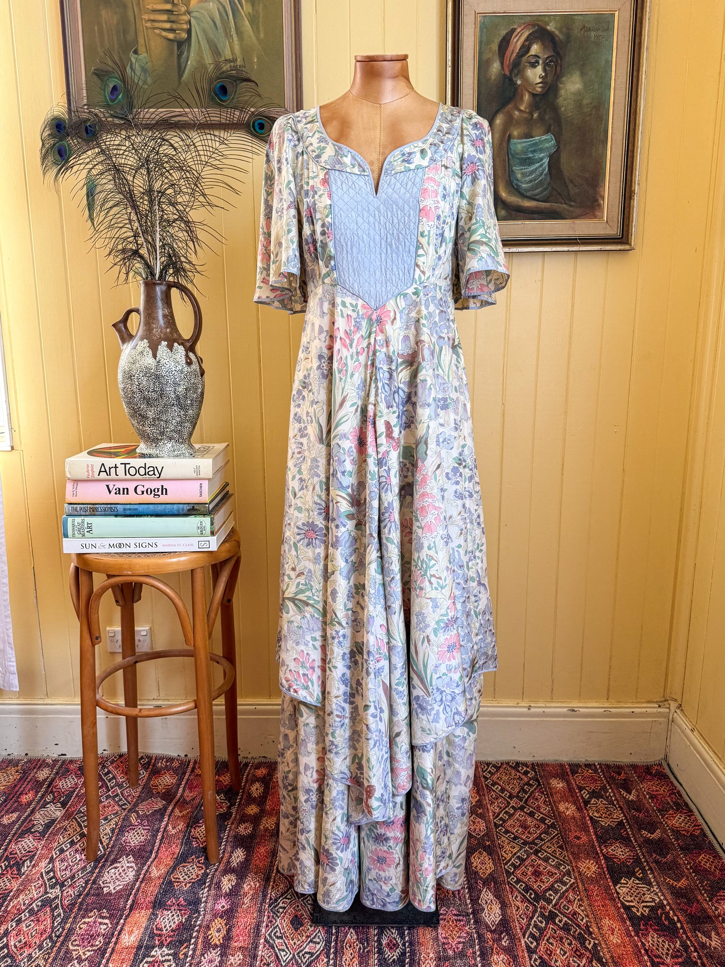 VINTAGE 1970S RARE ENGLISH ANNA BELINDA OXFORD SILK FLORAL MAXI PRAIRIE DRESS S/M