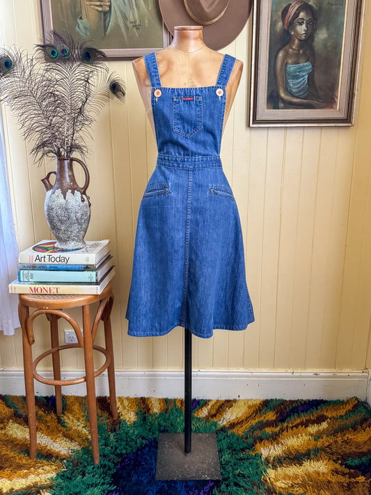 VINTAGE 1970S LANDLUBBER DENIM SUSPENDER PINAFORE DRESS XS/S