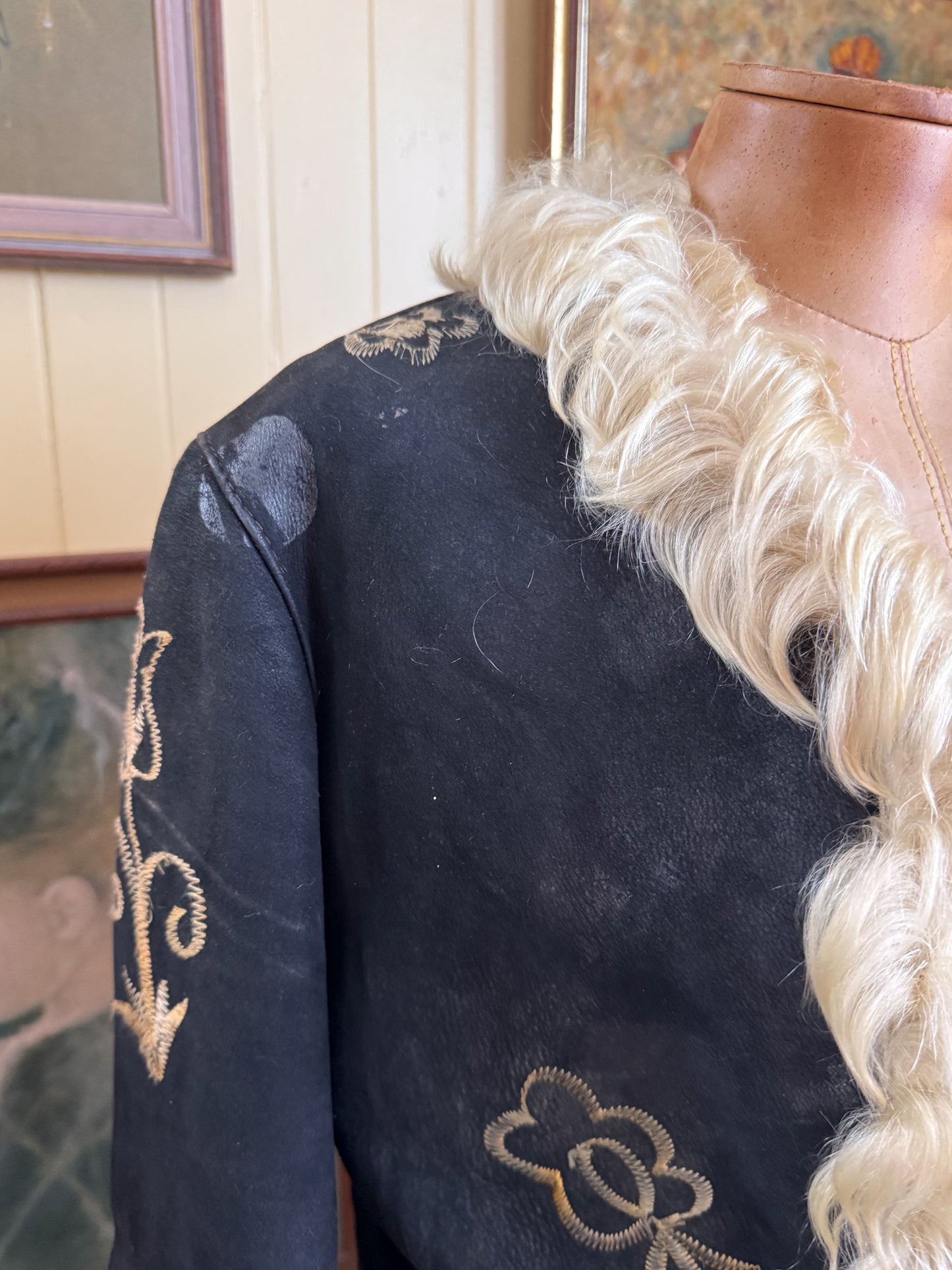 VINTAGE 1960S RARE AFGHAN SUEDE LEATHER MONGOLIAN WOOL PENNY LANE EMBROIDERED LONG COAT S
