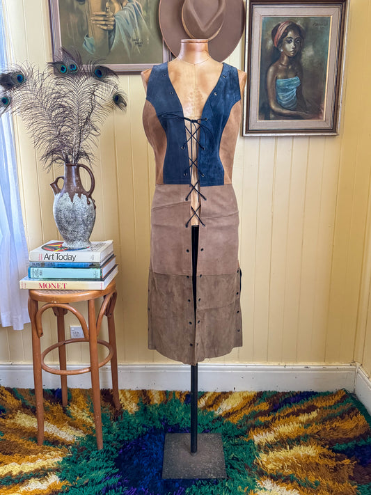 VINTAGE 1970S SUEDE LEATHER TWO TONE LACE UP LONGLINE WAISTCOAT VEST S