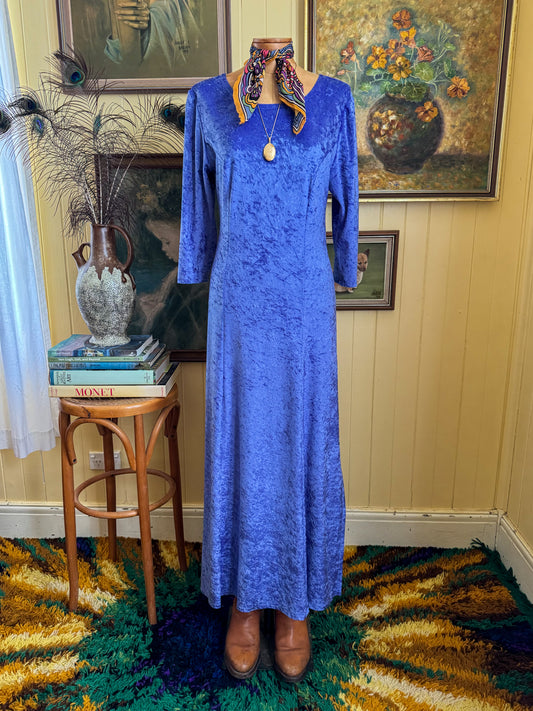 VINTAGE 1990S CORNFLOWER BLUE CRUSHED VELVET SLINKY MAXI DRESS S/M
