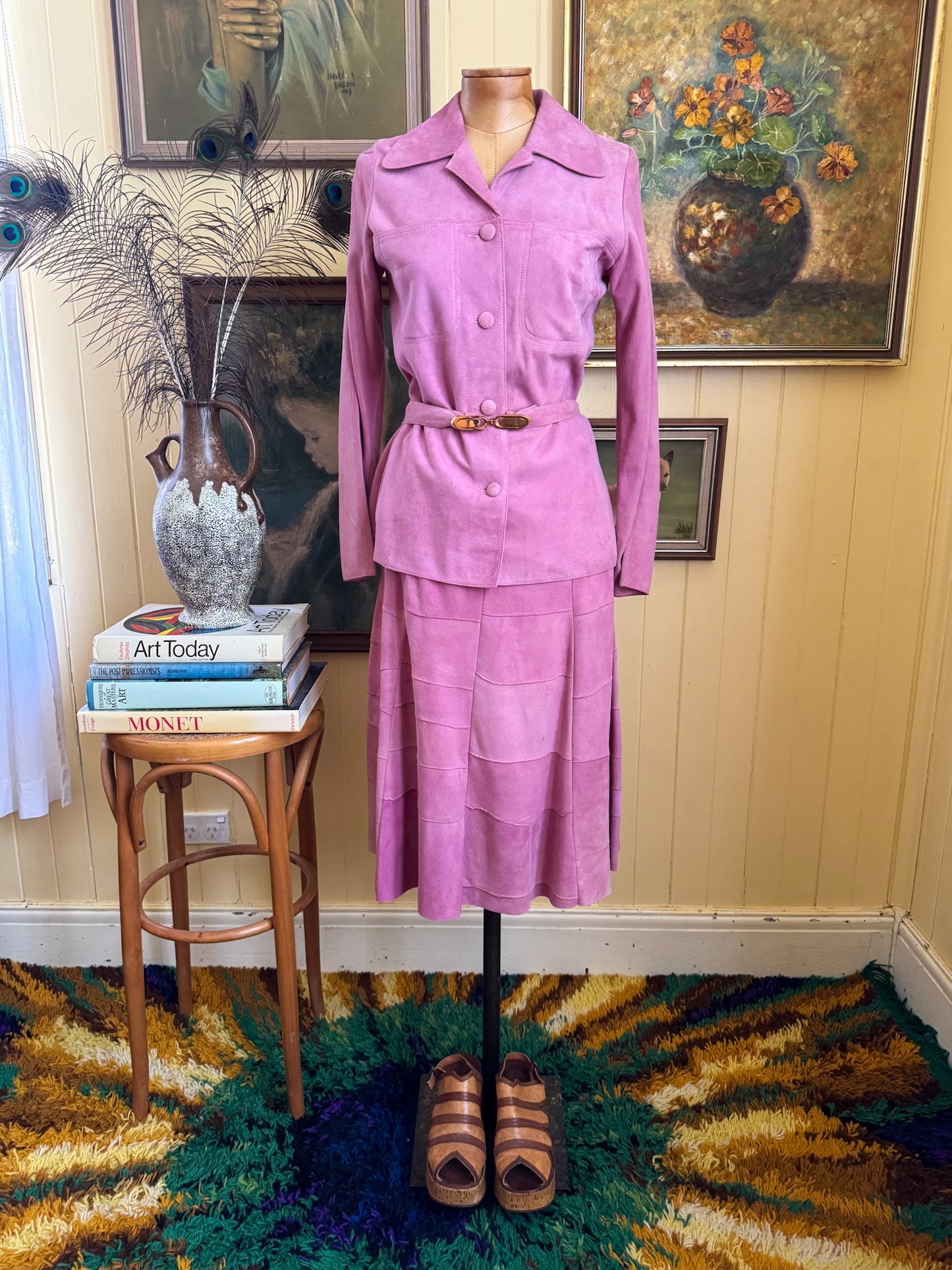 VINTAGE 1970S DRESKE SOMOFF PINK PATCHWORK SUEDE JACKET AND MIDI SKIRT SET XS