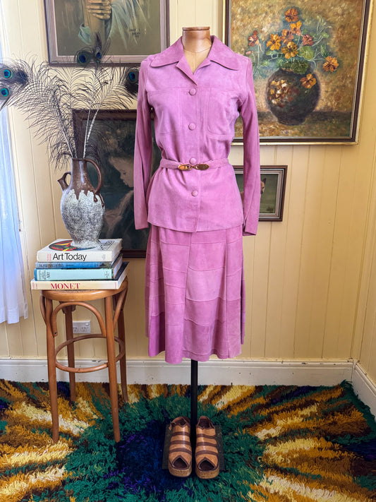 VINTAGE 1970S DRESKE SOMOFF PINK PATCHWORK SUEDE JACKET AND MIDI SKIRT SET XS