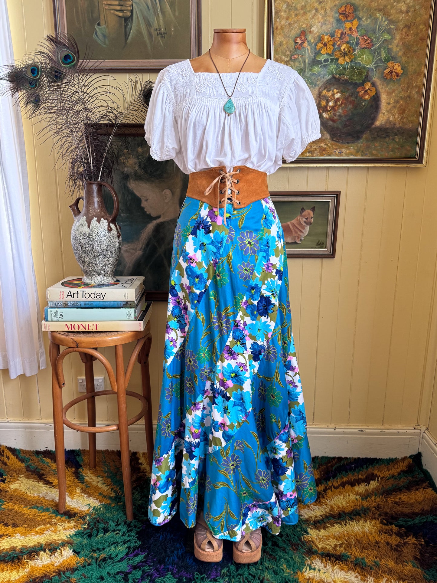 VINTAGE 1970S HANDMADE COTTON PRINT SPLICED CIRCLE MAXI SKIRT XS