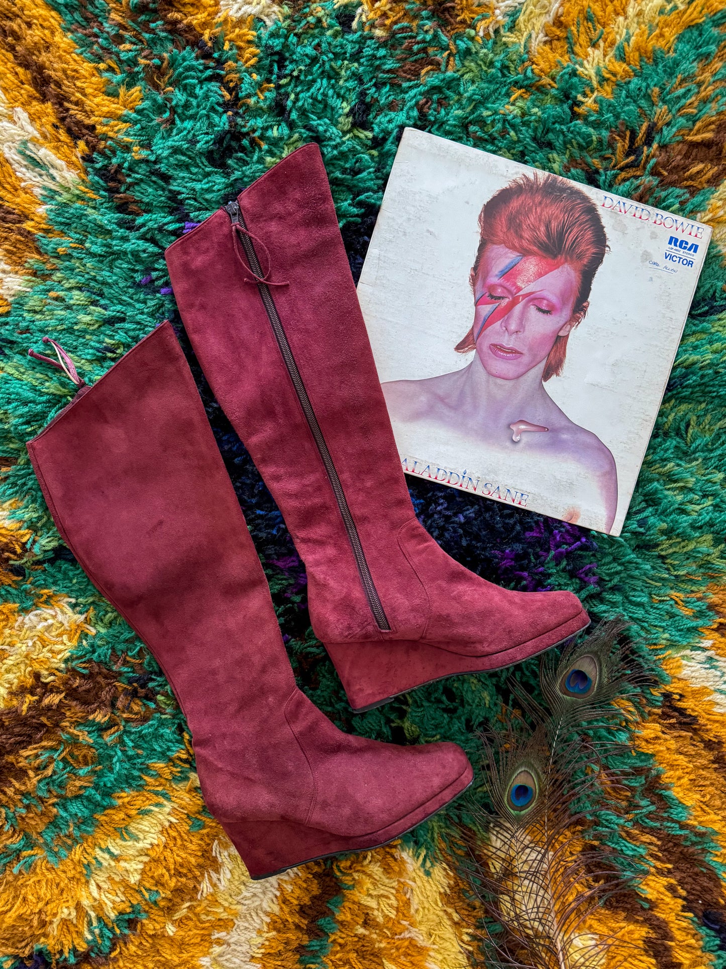 VINTAGE 1990S RARE BIBA PLUM SUEDE LEATHER KNEE HIGH WEDGE BOOTS 37/6