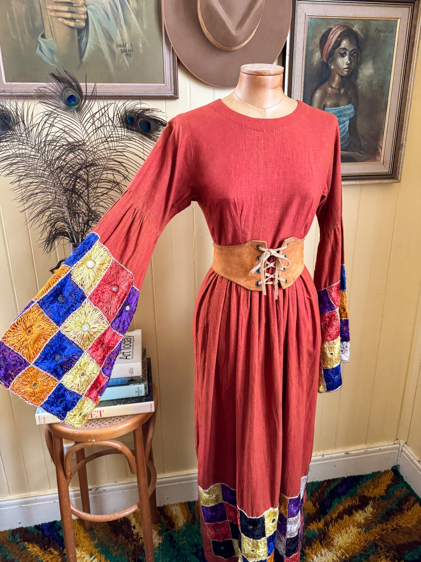 VINTAGE 1960S RARE INDIAN COTTON EMBROIDERED MIRRORS MAXI DRESS S