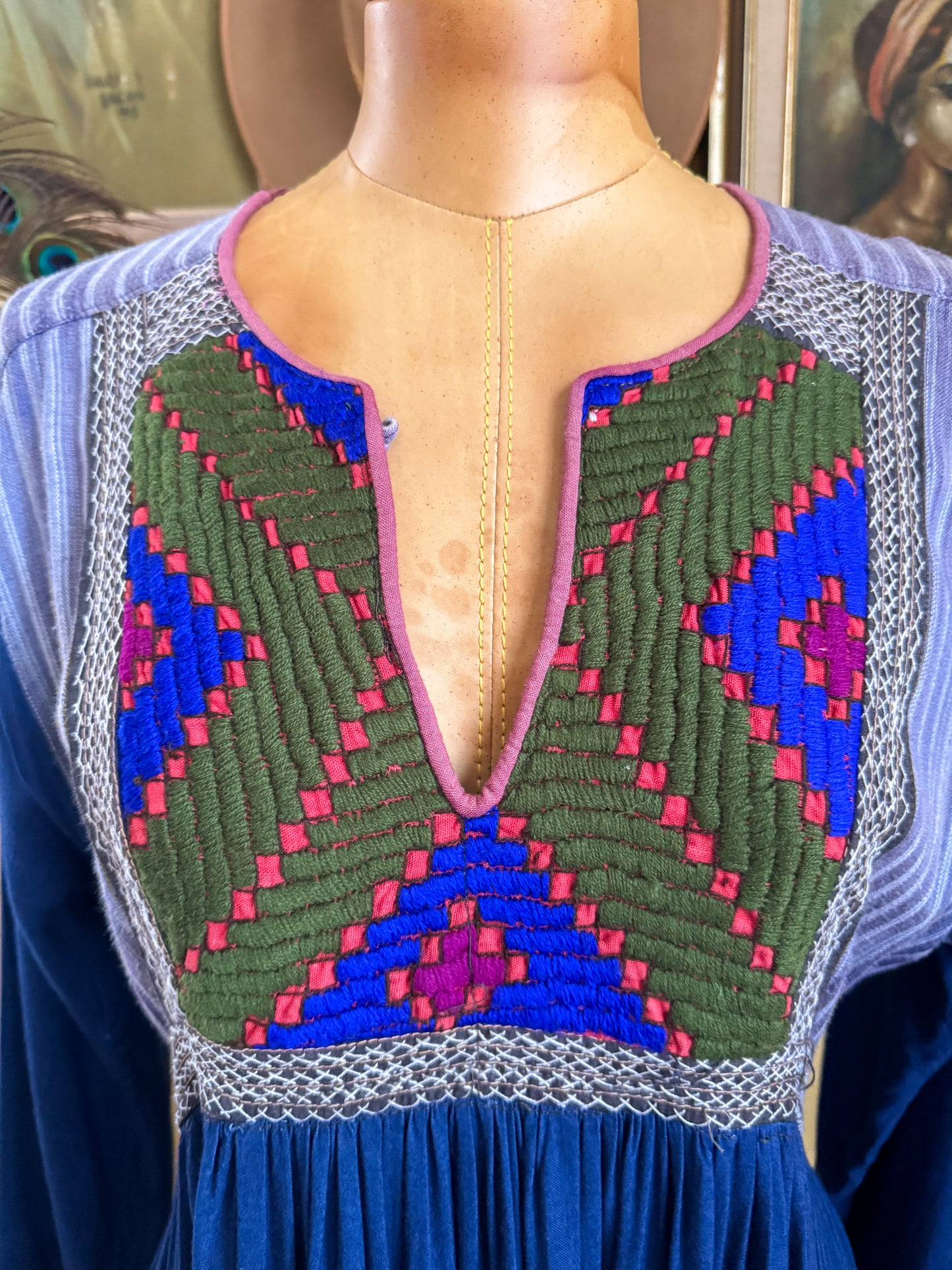 VINTAGE 1970S AFGHANI EMBROIDERED PATCHWORK MIDI FOLK DRESS M