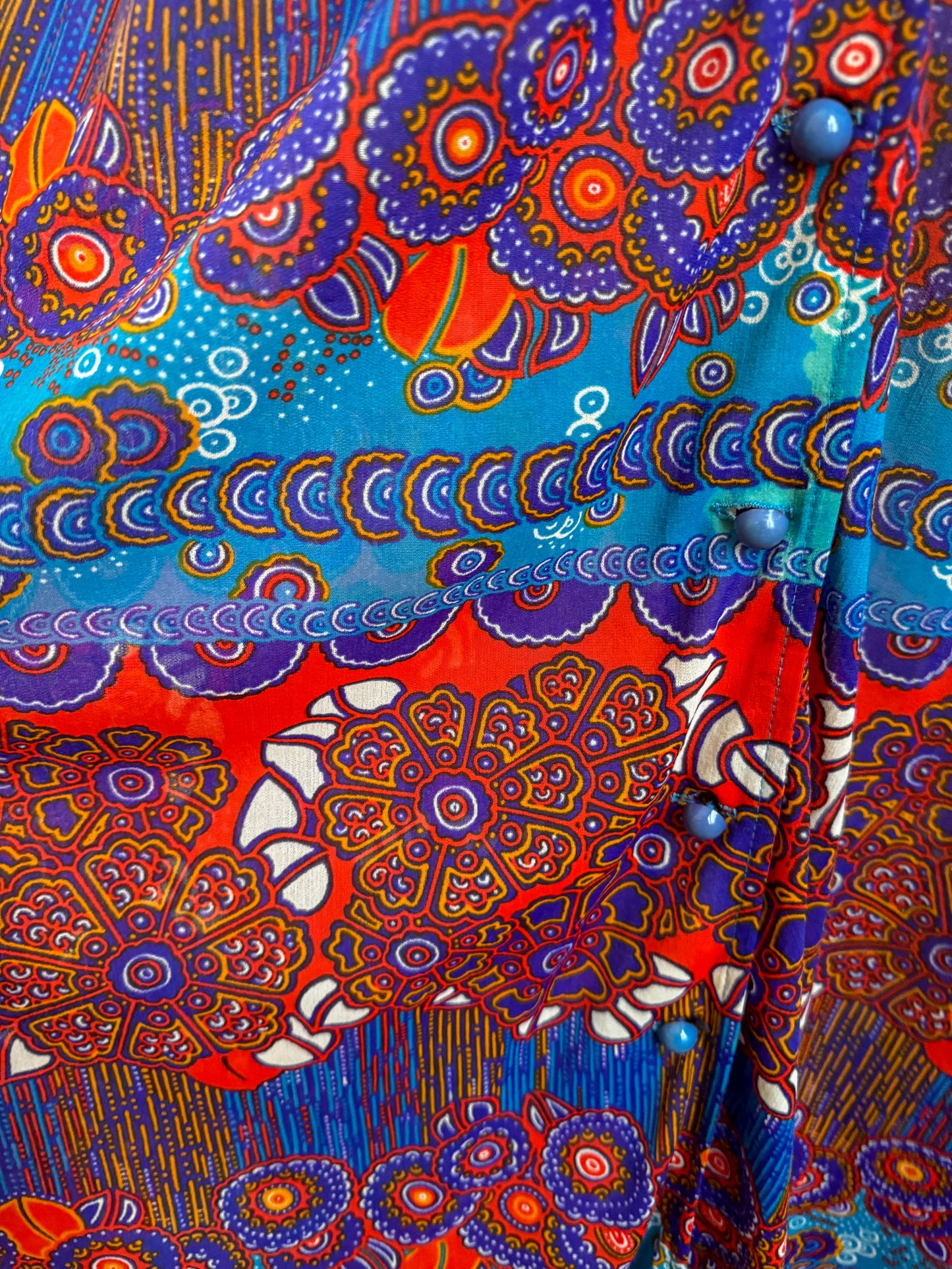 VINTAGE 1970S BINDI OF MELBOURNE PSYCHEDELIC COLLARED MAXI DRESS M