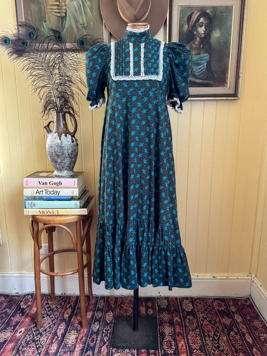 VINTAGE 1970S RARE LAURA ASHLEY WALES COTTON PRAIRIE MIDI DRESS S