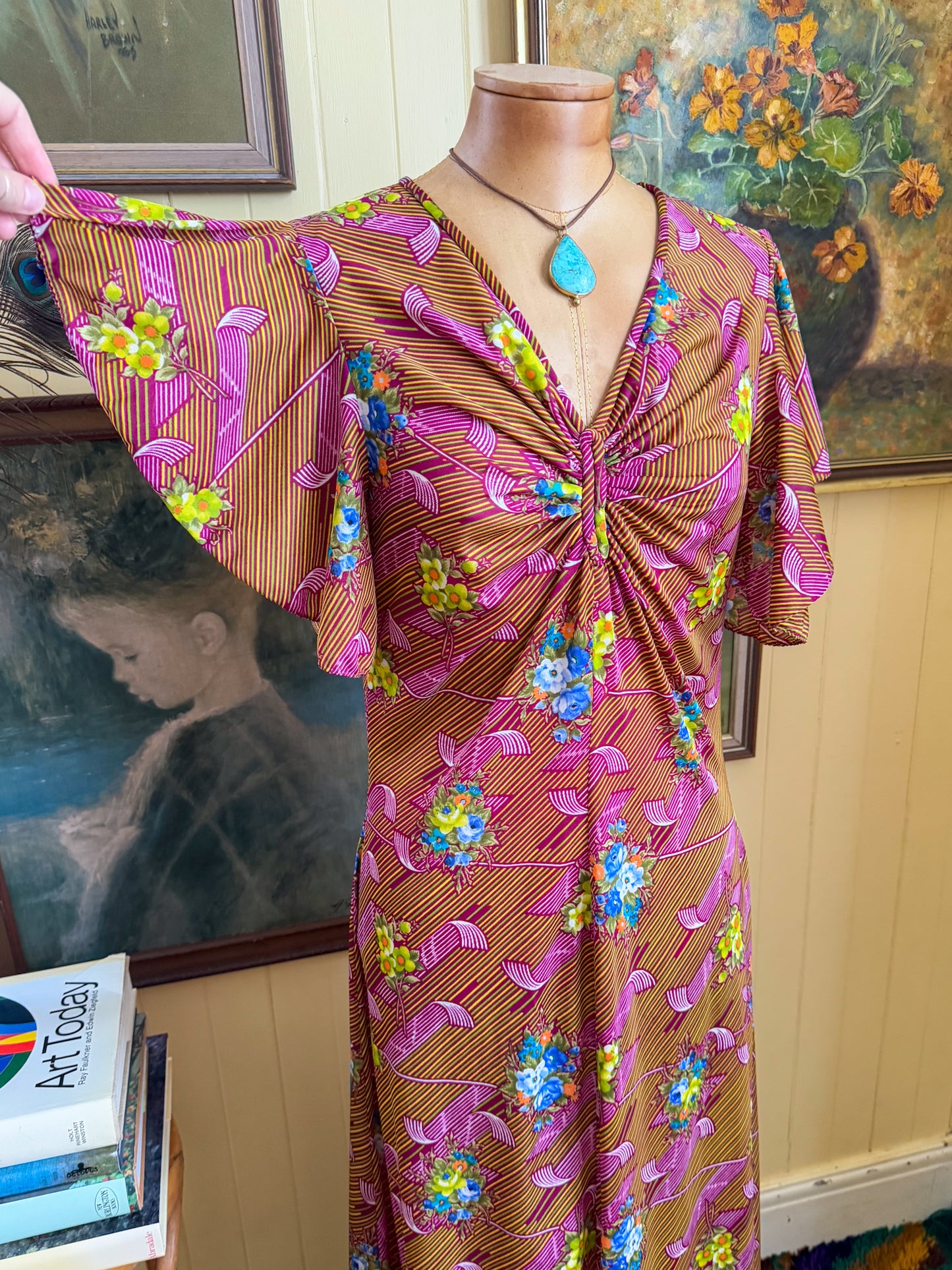 VINTAGE 1970S NYLON PSYCHEDELIC FLORAL PRINT MAXI DRESS M