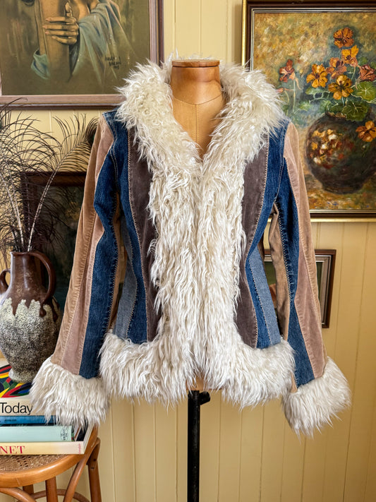 VINTAGE Y2K LADAKH DENIM + CORDUROY PANELLED FAUX FUR PENNY LANE JACKET S/M