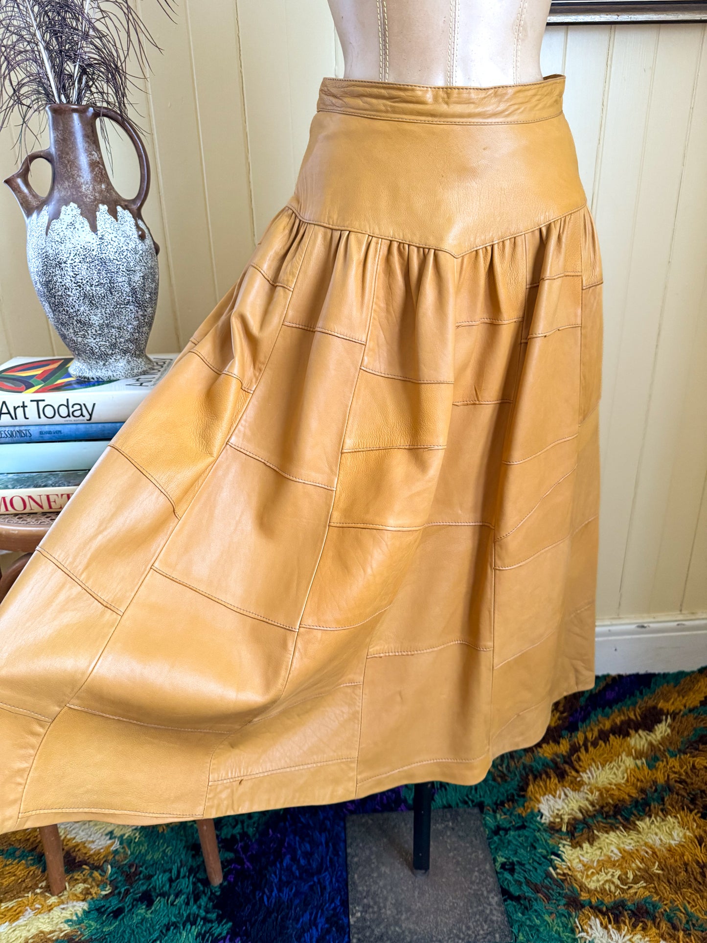 VINTAGE 1980S DRESKE SOMOFF YELLOW LEATHER PATCHWORK MIDI SKIRT XS