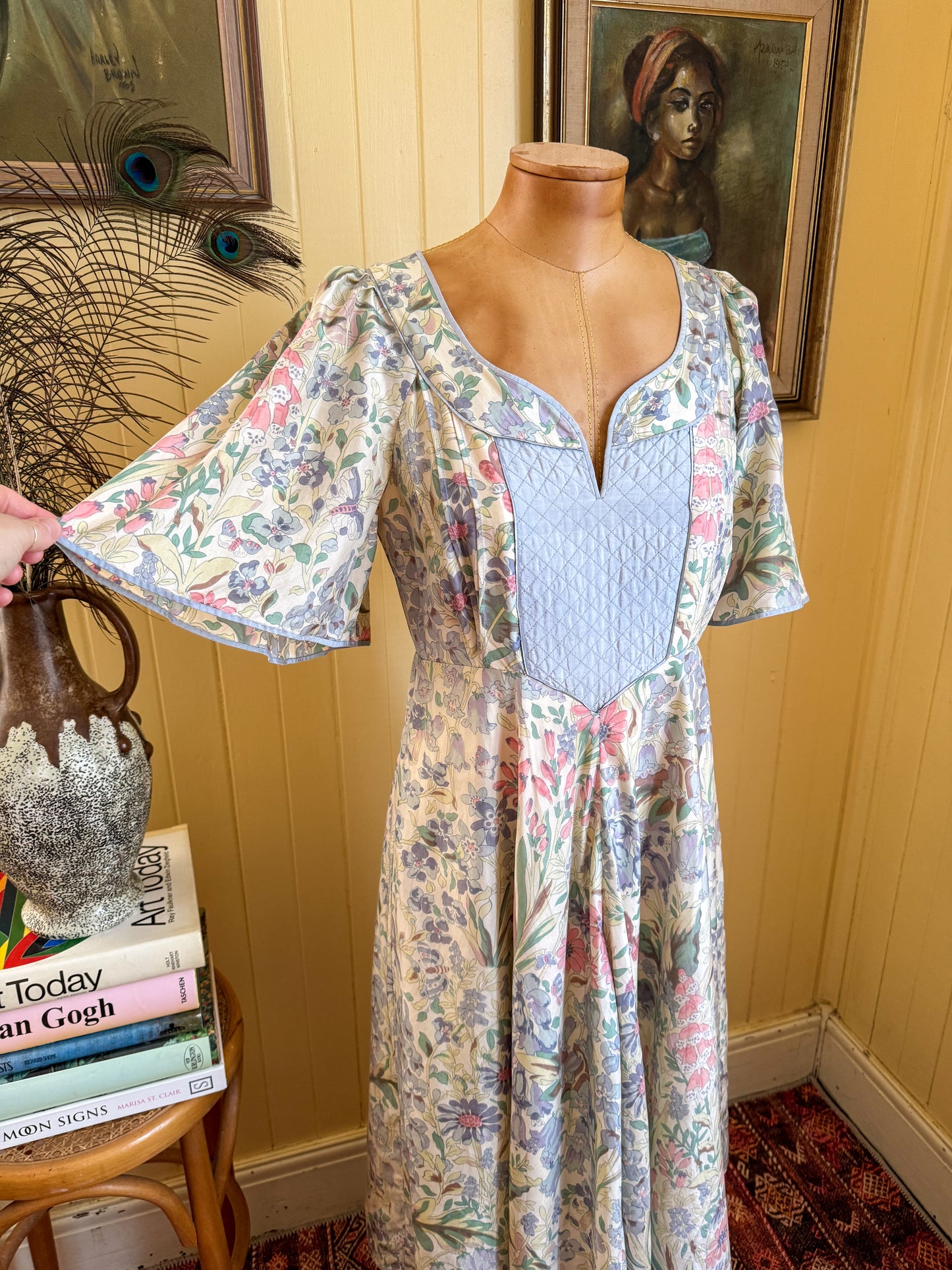 VINTAGE 1970S RARE ENGLISH ANNA BELINDA OXFORD SILK FLORAL MAXI PRAIRIE DRESS S/M