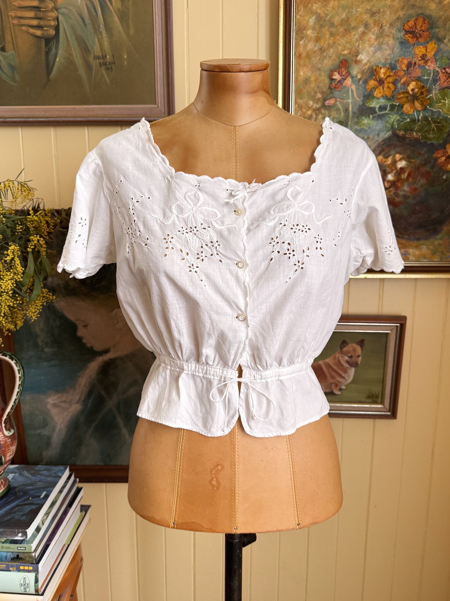 ANTIQUE EDWARDIAN COTTON MUSLIN EMBROIDERED CORSET COVER BLOUSE XS