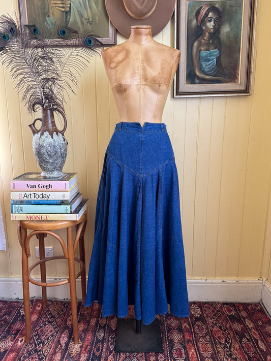 VINTAGE 1980S JAG DENIM HIGH WAISTED YOKE PLEATED MAXI SKIRT M