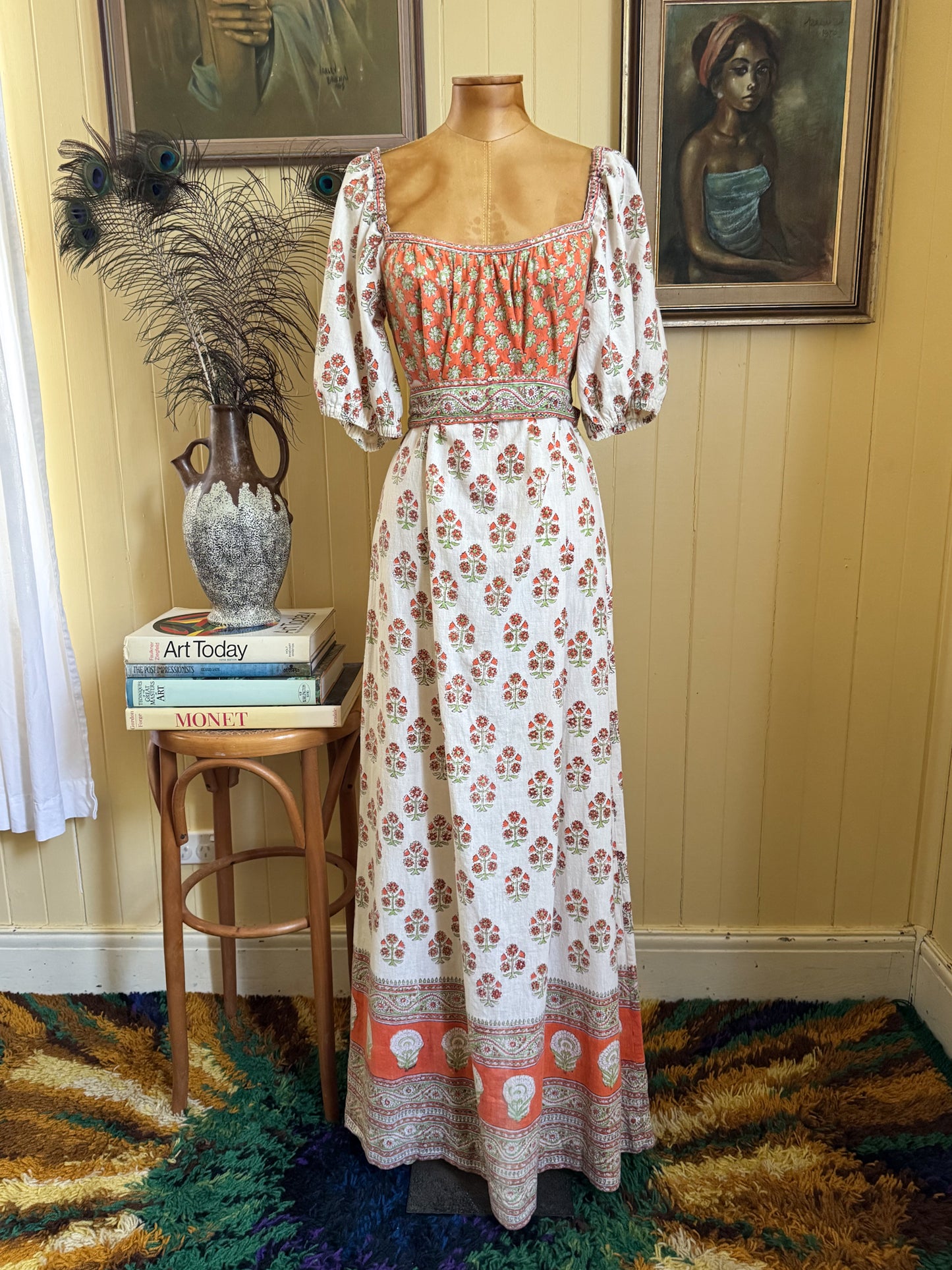 VINTAGE 1970S ANOKHI INDIAN COTTON BLOCK PRINT MAXI DRESS M/L
